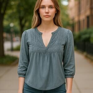 LUCKY BRAND Boho Army Olive Green Bohemian Embroidered Blouse ~ Women's SMALL